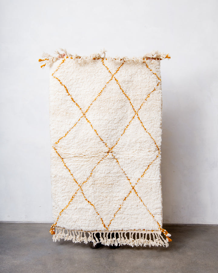 Modern, designer, handcrafted Berber rug from Morocco. Beniourain carpet with beautiful colours and patterns and fluffy wool texture. 