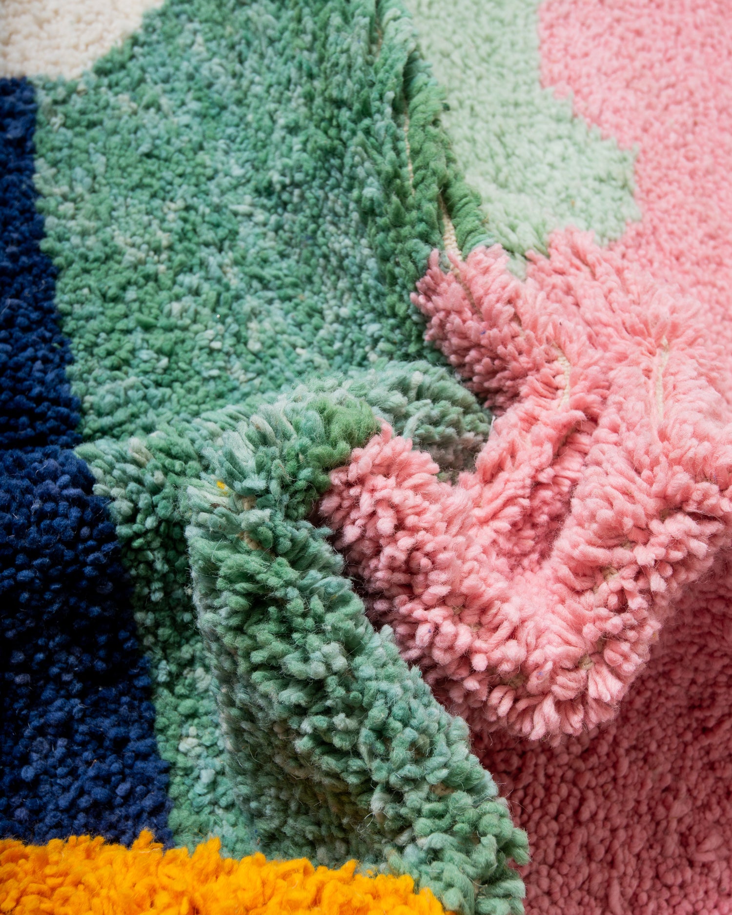 Modern, designer, handcrafted Berber rug from Morocco. Beniourain carpet with beautiful colours and patterns and fluffy wool texture. 