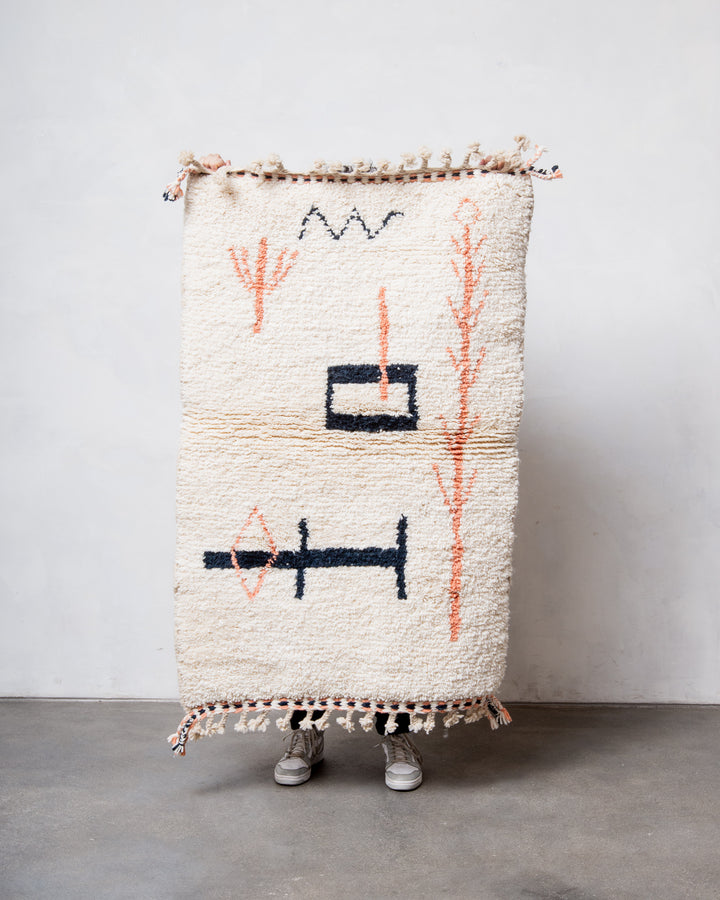 Modern, designer, handcrafted Berber rug from Morocco. Beniourain carpet with beautiful colours and patterns and fluffy wool texture. 