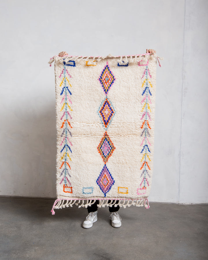 Modern, designer, handcrafted Berber rug from Morocco. Beniourain carpet with beautiful colours and patterns and fluffy wool texture. 