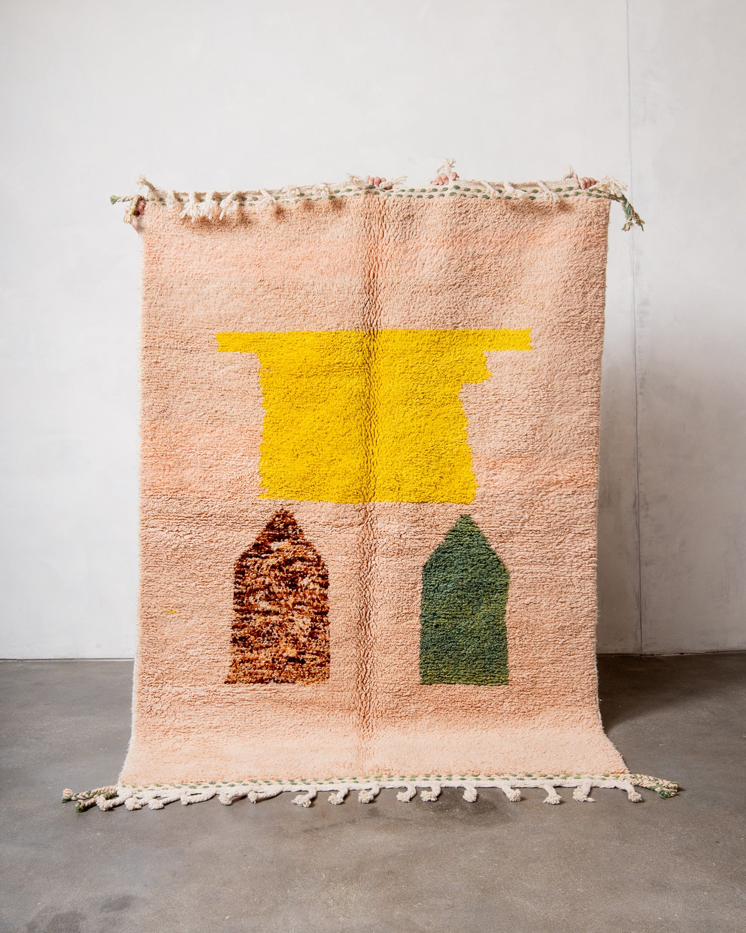 Modern, designer, handcrafted Berber rug from Morocco. Beniourain carpet with beautiful colours and patterns and fluffy wool texture. 