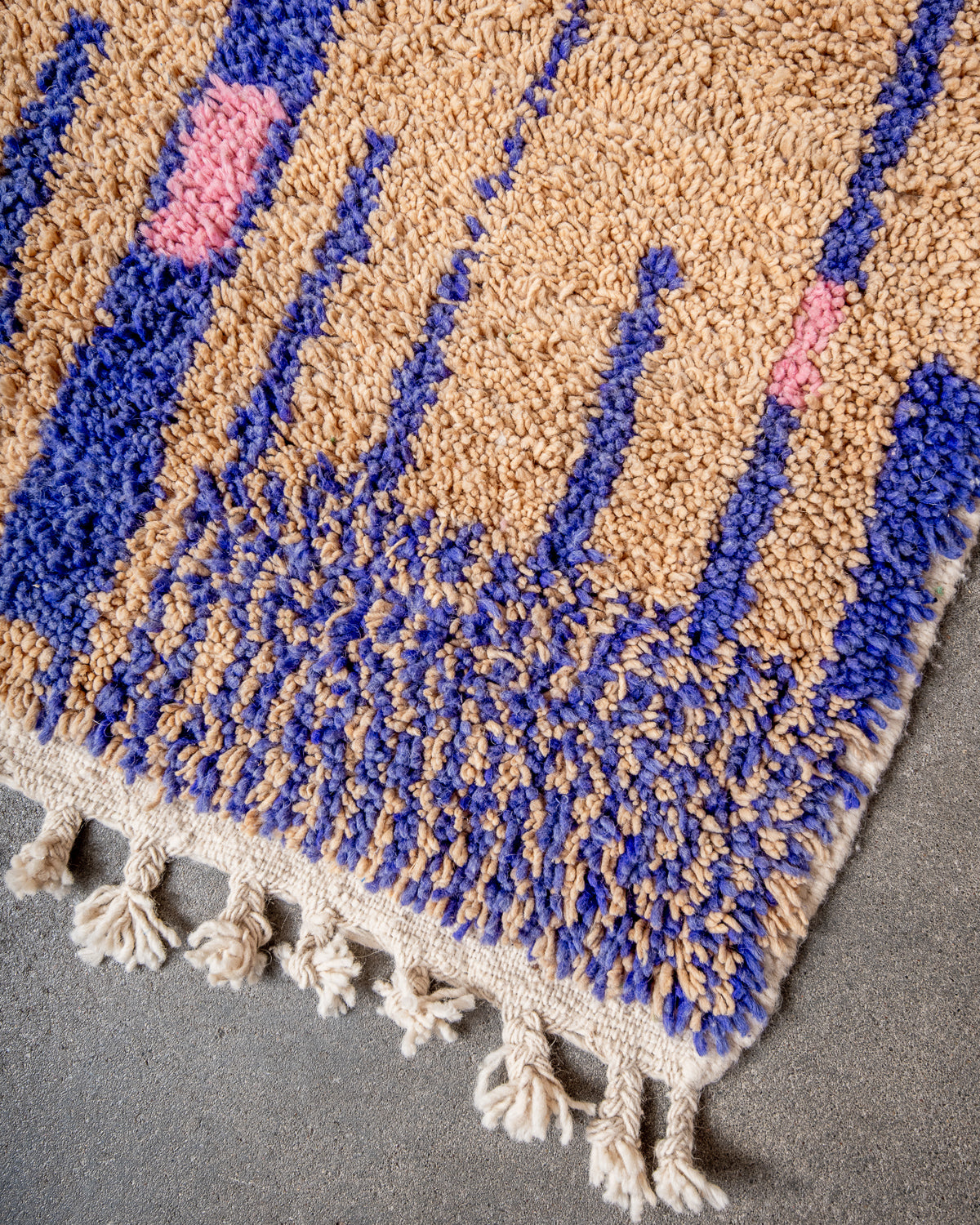 Modern, designer, handcrafted Berber rug from Morocco. Beniourain carpet with beautiful colours and patterns and fluffy wool texture.
