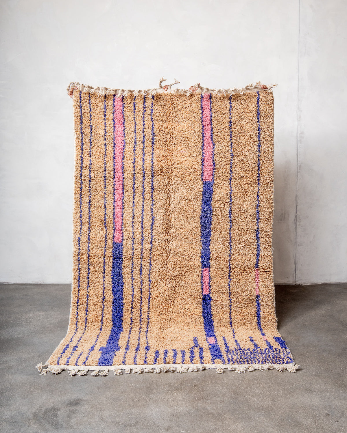 Modern, designer, handcrafted Berber rug from Morocco. Beniourain carpet with beautiful colours and patterns and fluffy wool texture.