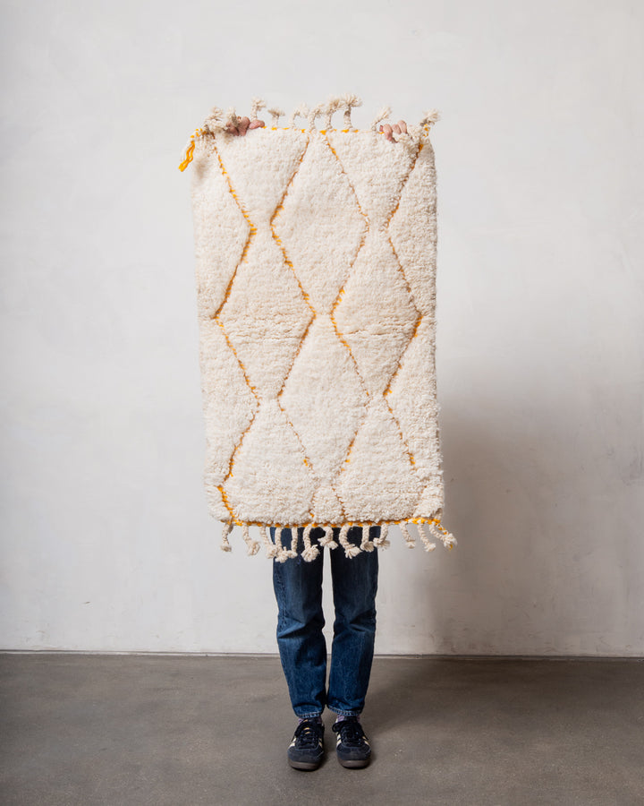 Modern, designer, handcrafted Berber rug from Morocco. Beniourain carpet with beautiful colours and patterns and fluffy wool texture. 