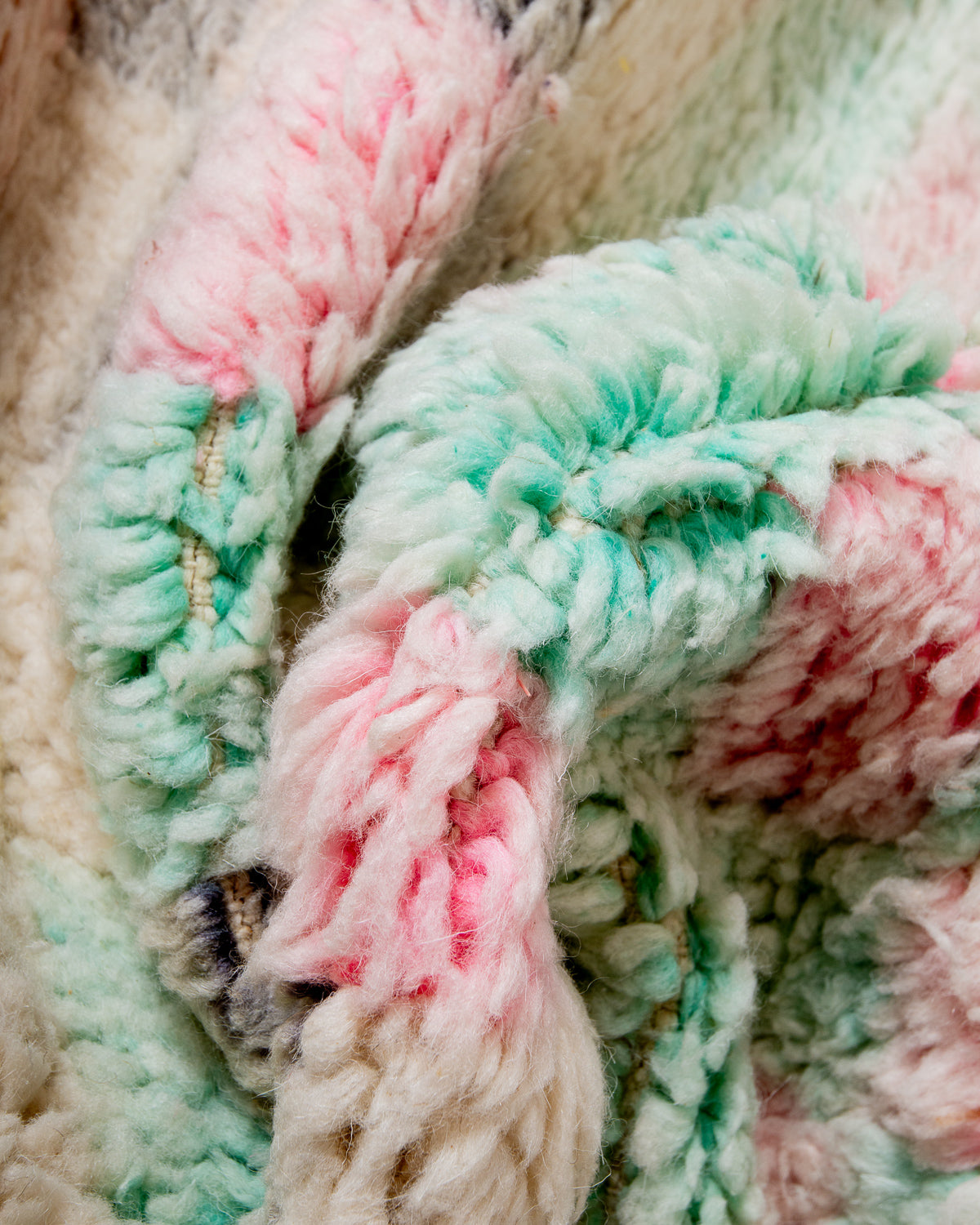 Modern, designer, handcrafted Berber rug from Morocco. Vintage carpet with beautiful colours and patterns and fluffy texture.