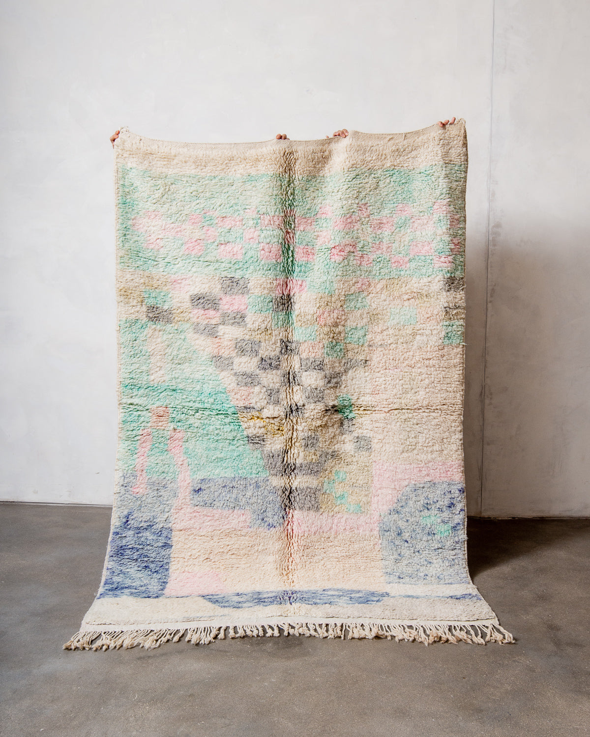 Modern, designer, handcrafted Berber rug from Morocco. Vintage carpet with beautiful colours and patterns and fluffy texture.