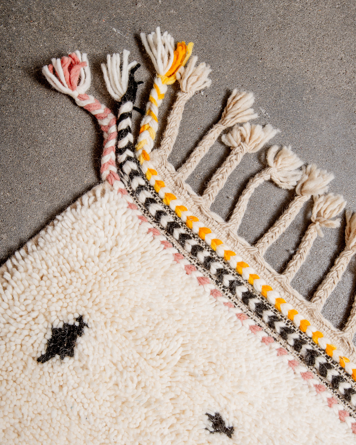 Modern, designer, handcrafted Berber rug from Morocco. Beniourain carpet with beautiful colours and patterns and fluffy wool texture.