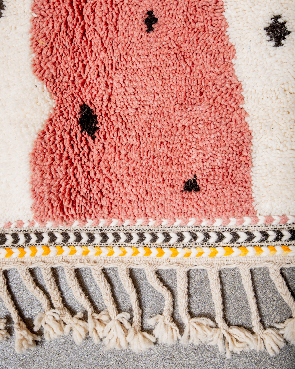 Modern, designer, handcrafted Berber rug from Morocco. Beniourain carpet with beautiful colours and patterns and fluffy wool texture.