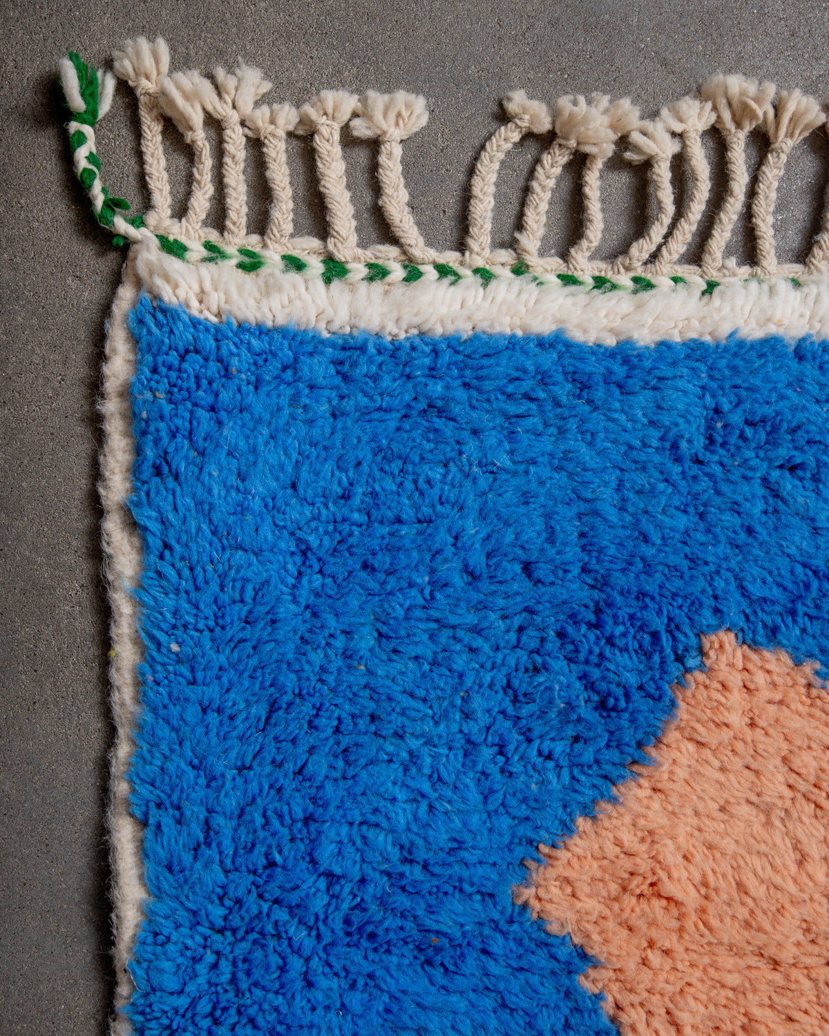 Modern, designer, handcrafted Berber rug from Morocco. Beniourain carpet with beautiful colours and patterns and fluffy wool texture.