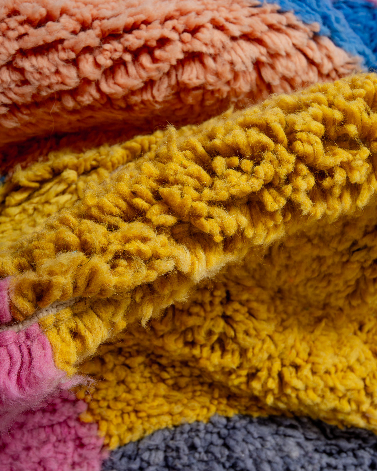 Modern, designer, handcrafted Berber rug from Morocco. Beniourain carpet with beautiful colours and patterns and fluffy wool texture.