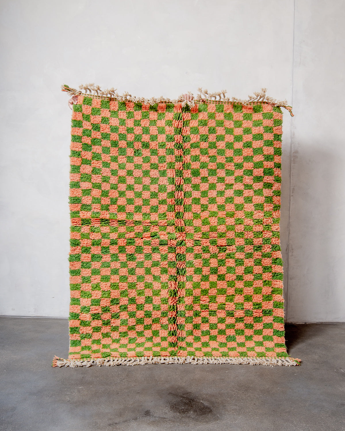 Modern, designer, handcrafted Berber rug from Morocco. Beniourain carpet with beautiful colours and patterns and fluffy wool texture.