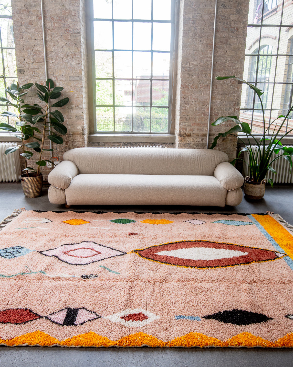 Modern, designer, handcrafted Berber rug from Morocco. Beniourain carpet with beautiful colours and patterns and fluffy wool texture.