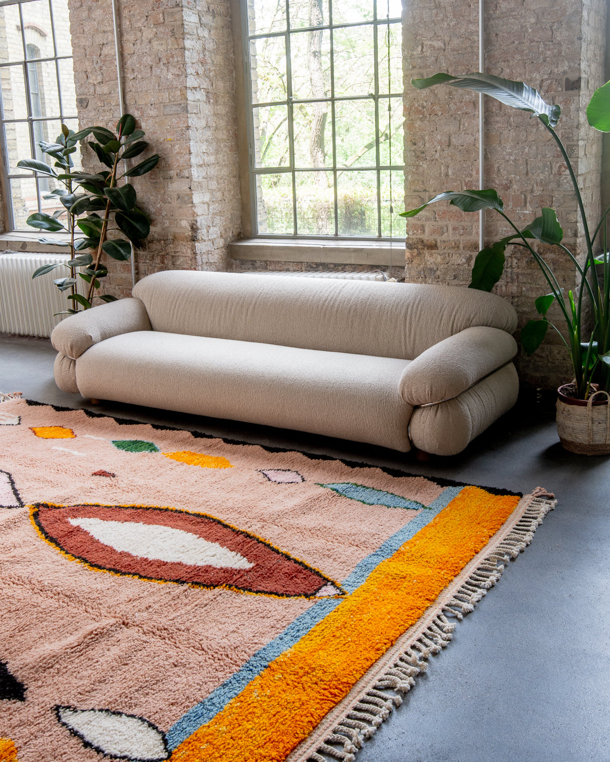 Modern, designer, handcrafted Berber rug from Morocco. Beniourain carpet with beautiful colours and patterns and fluffy wool texture.