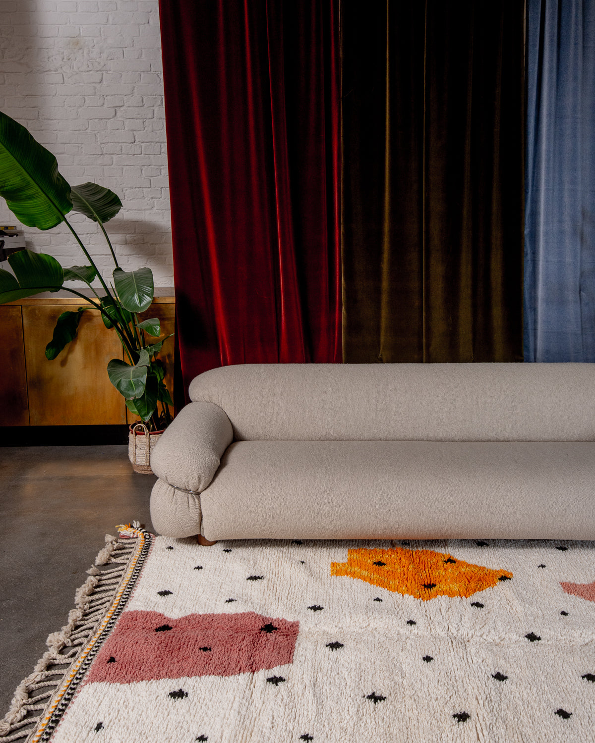 Modern, designer, handcrafted Berber rug from Morocco. Beniourain carpet with beautiful colours and patterns and fluffy wool texture.