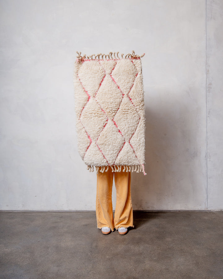 Modern, designer, handcrafted Berber rug from Morocco. Beniourain carpet with beautiful colours and patterns and fluffy wool texture. 