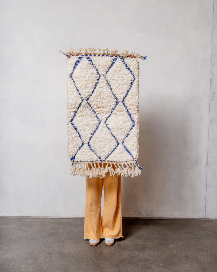 Modern, designer, handcrafted Berber rug from Morocco. Beniourain carpet with beautiful colours and patterns and fluffy wool texture. 