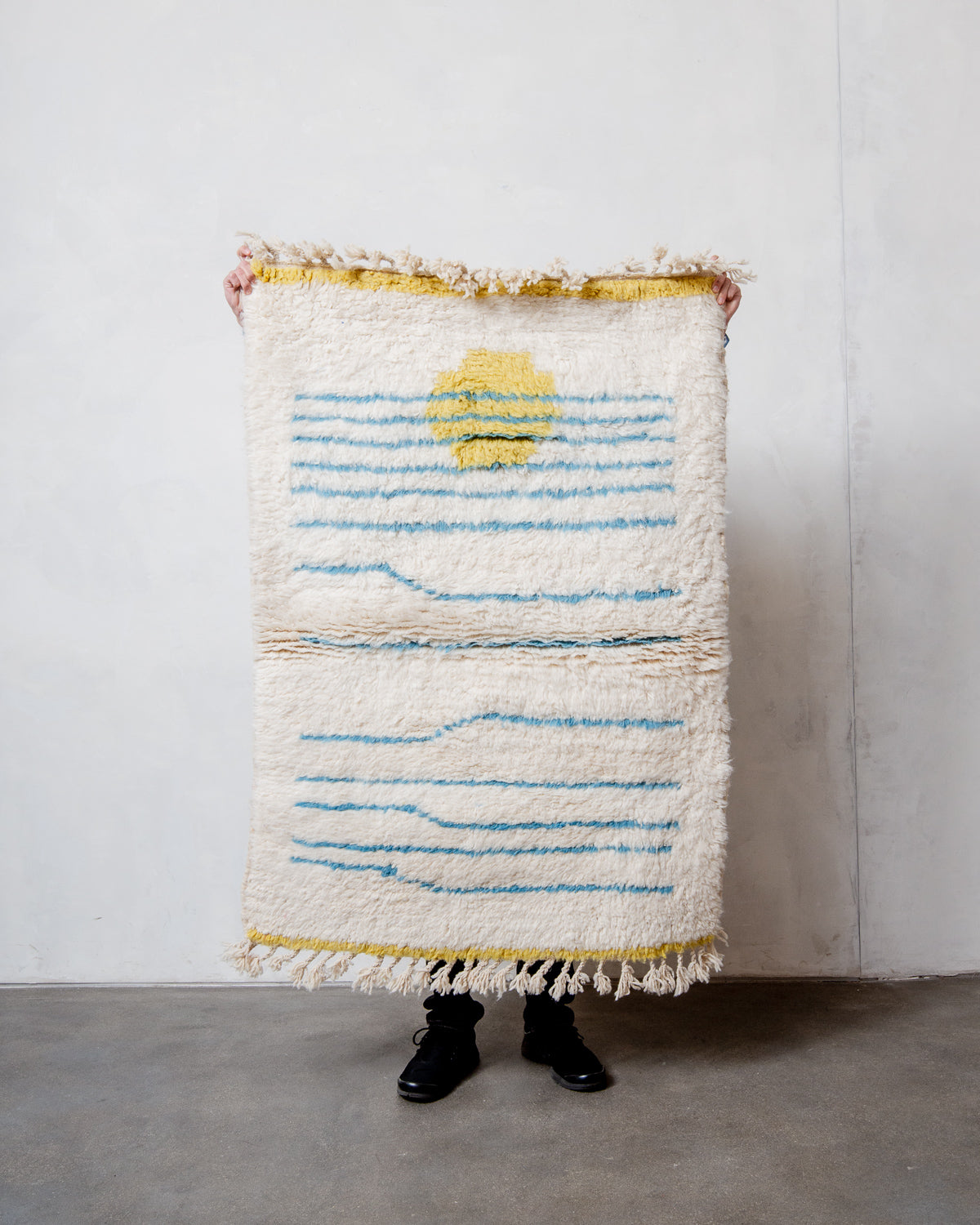 Modern, designer, handcrafted Berber rug from Morocco. Beniourain carpet with beautiful colours and patterns and fluffy wool texture.