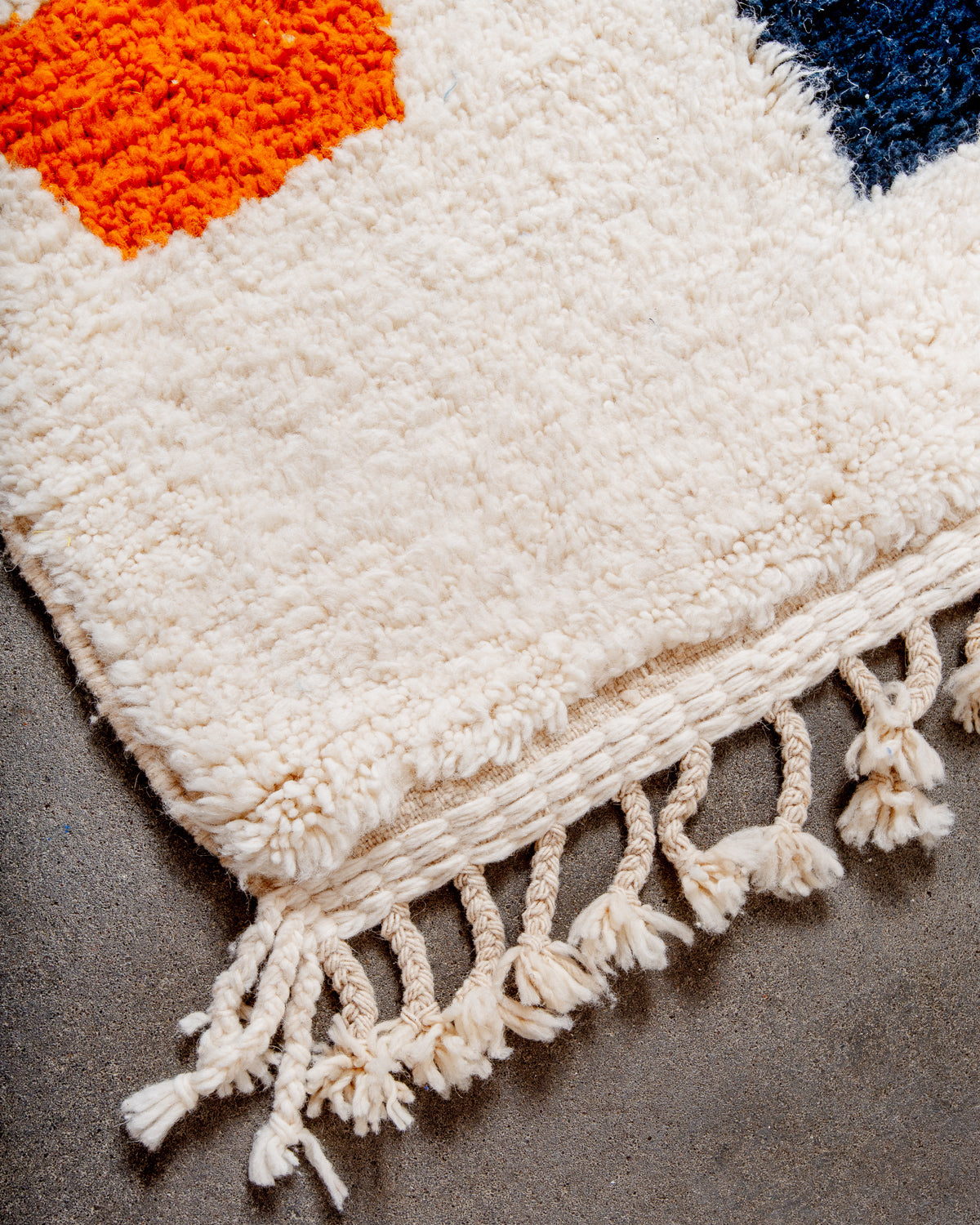 Modern, designer, handcrafted Berber rug from Morocco. Beniourain carpet with beautiful colours and patterns and fluffy wool texture.