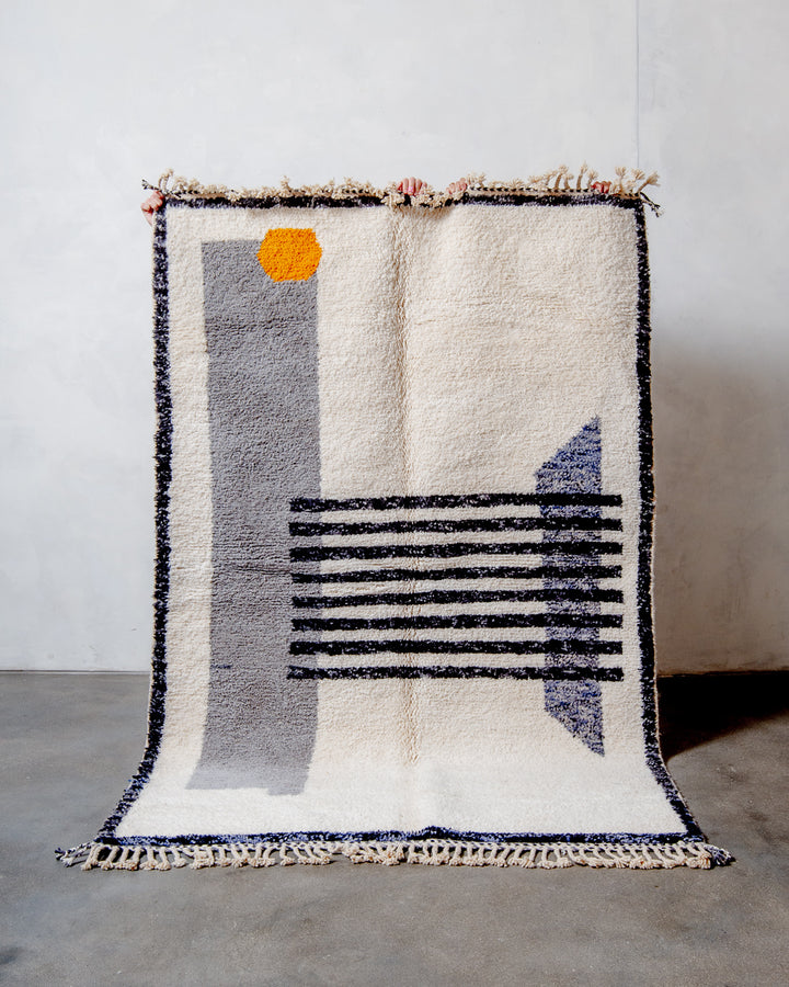 Modern, designer, handcrafted Berber rug from Morocco. Beniourain carpet with beautiful colours and patterns and fluffy wool texture. 