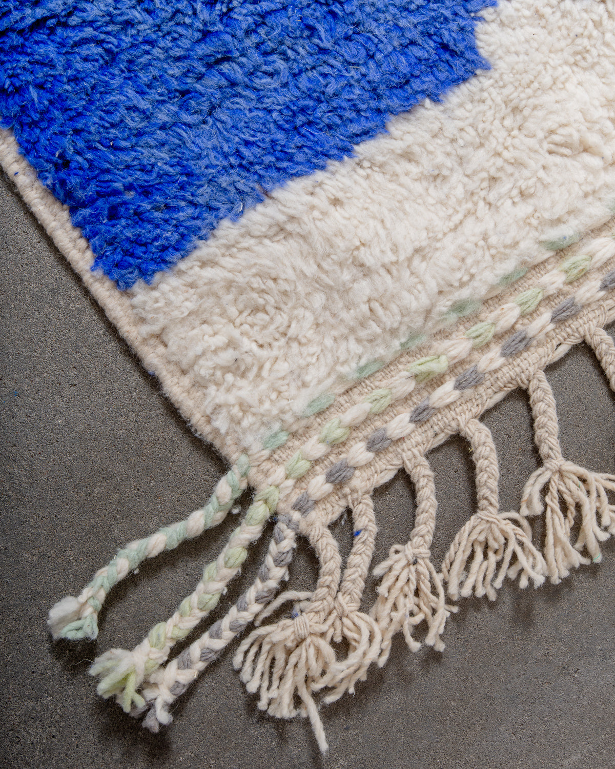 Modern, designer, handcrafted Berber rug from Morocco. Beniourain carpet with beautiful colours and patterns and fluffy wool texture. 
