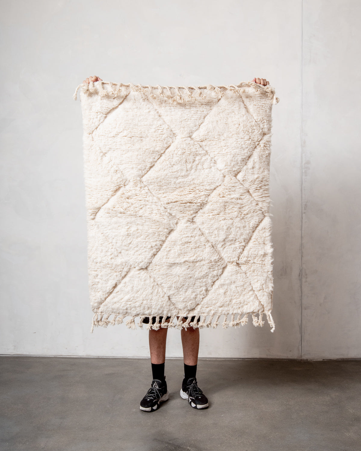 Modern, designer, handcrafted Berber rug from Morocco. Beniourain carpet with minimalist design, natural wool pile and a fluffy texture.