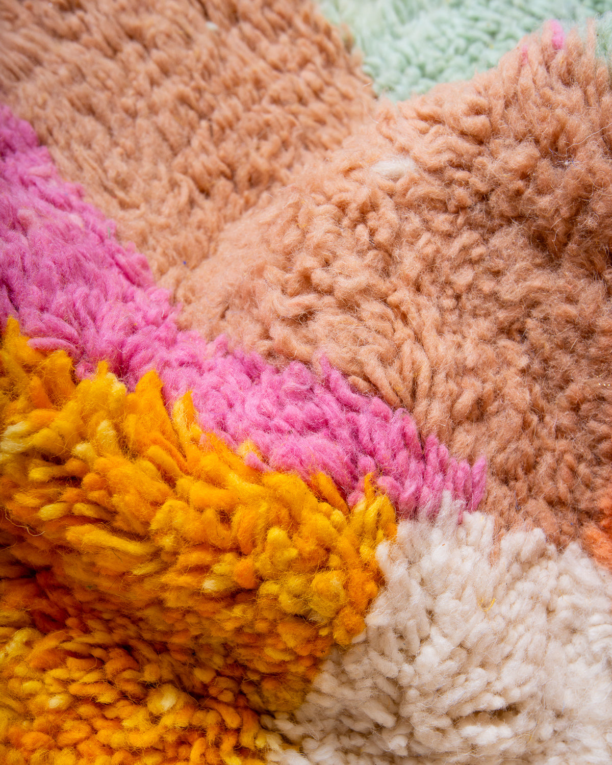 Modern, designer, handcrafted Berber rug from Morocco. Beniourain carpet with beautiful colours and patterns and fluffy wool texture. 