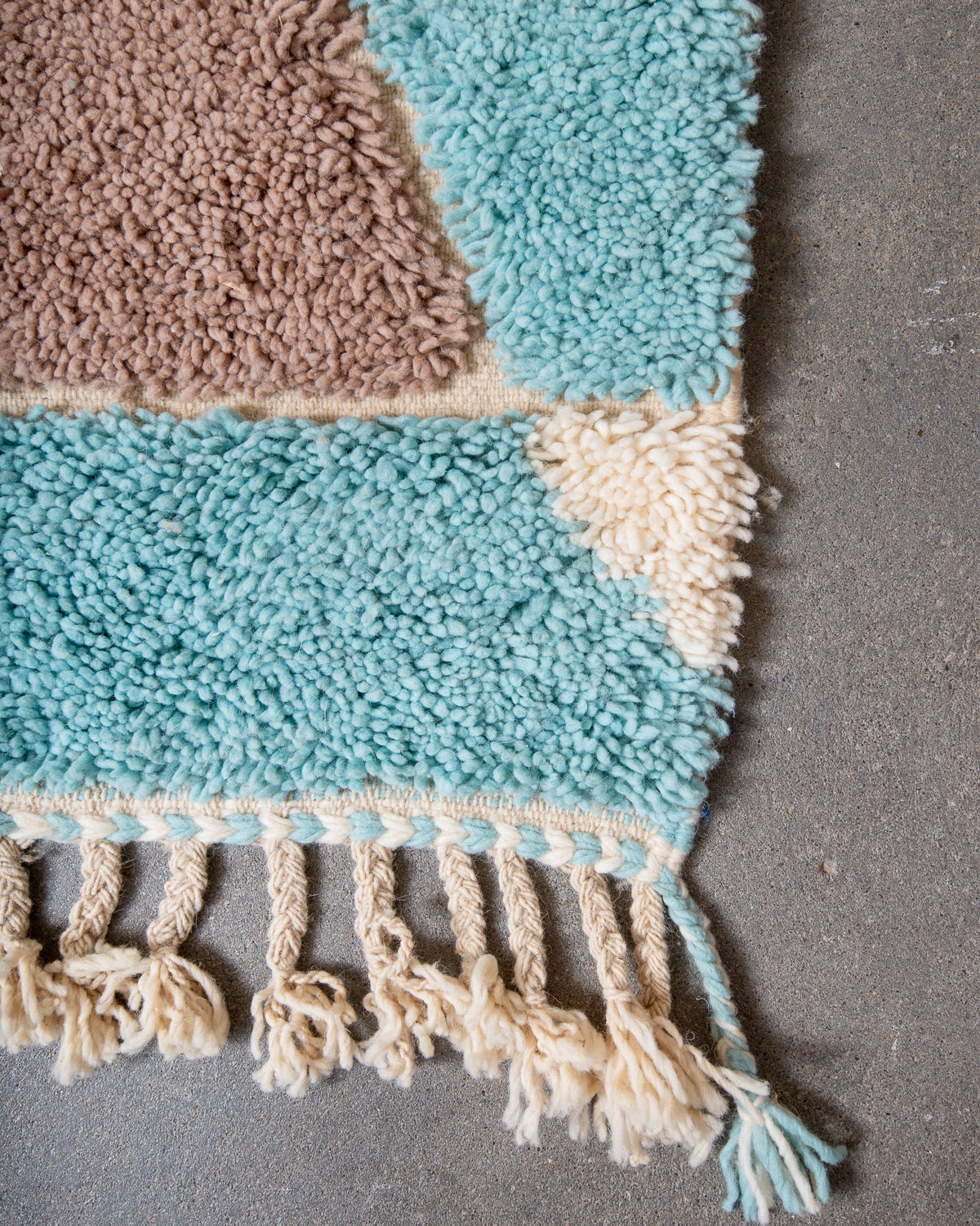 Modern, designer, handcrafted Berber rug from Morocco. Beniourain carpet with beautiful colours and patterns and fluffy wool texture. 