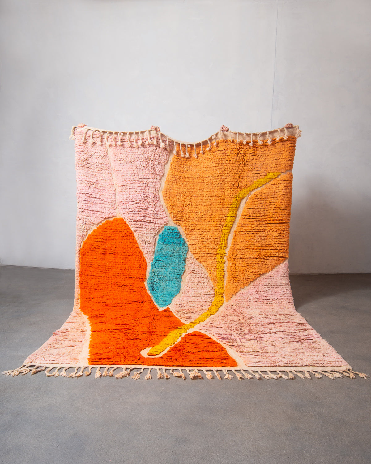 Modern, designer, handcrafted Berber rug from Morocco. Beniourain carpet with beautiful colours and patterns and fluffy wool texture.