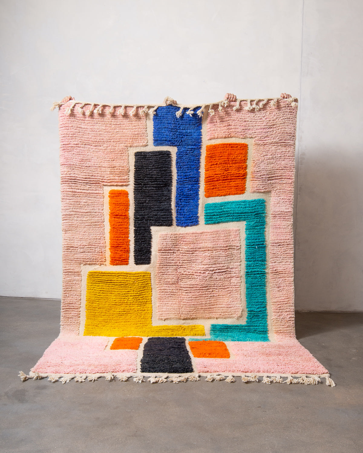 Modern, designer, handcrafted Berber rug from Morocco. Beniourain carpet with beautiful colours and patterns and fluffy wool texture.