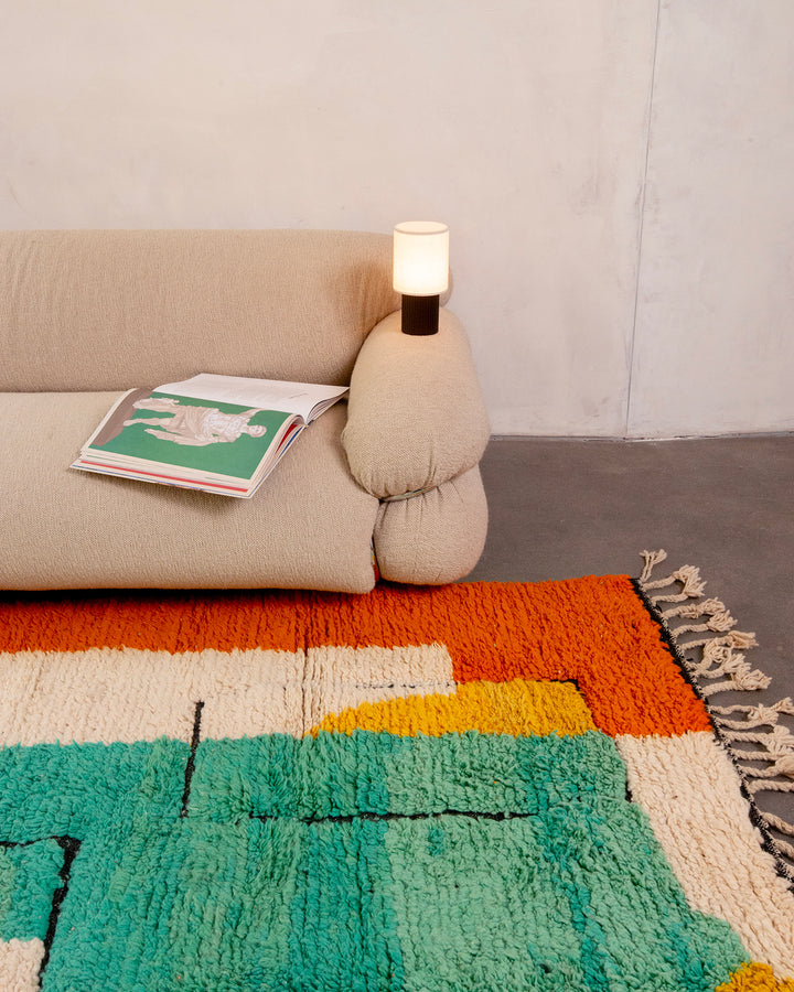 Modern, designer, handcrafted Berber rug from Morocco. Beniourain carpet with beautiful colours and patterns and fluffy wool texture.