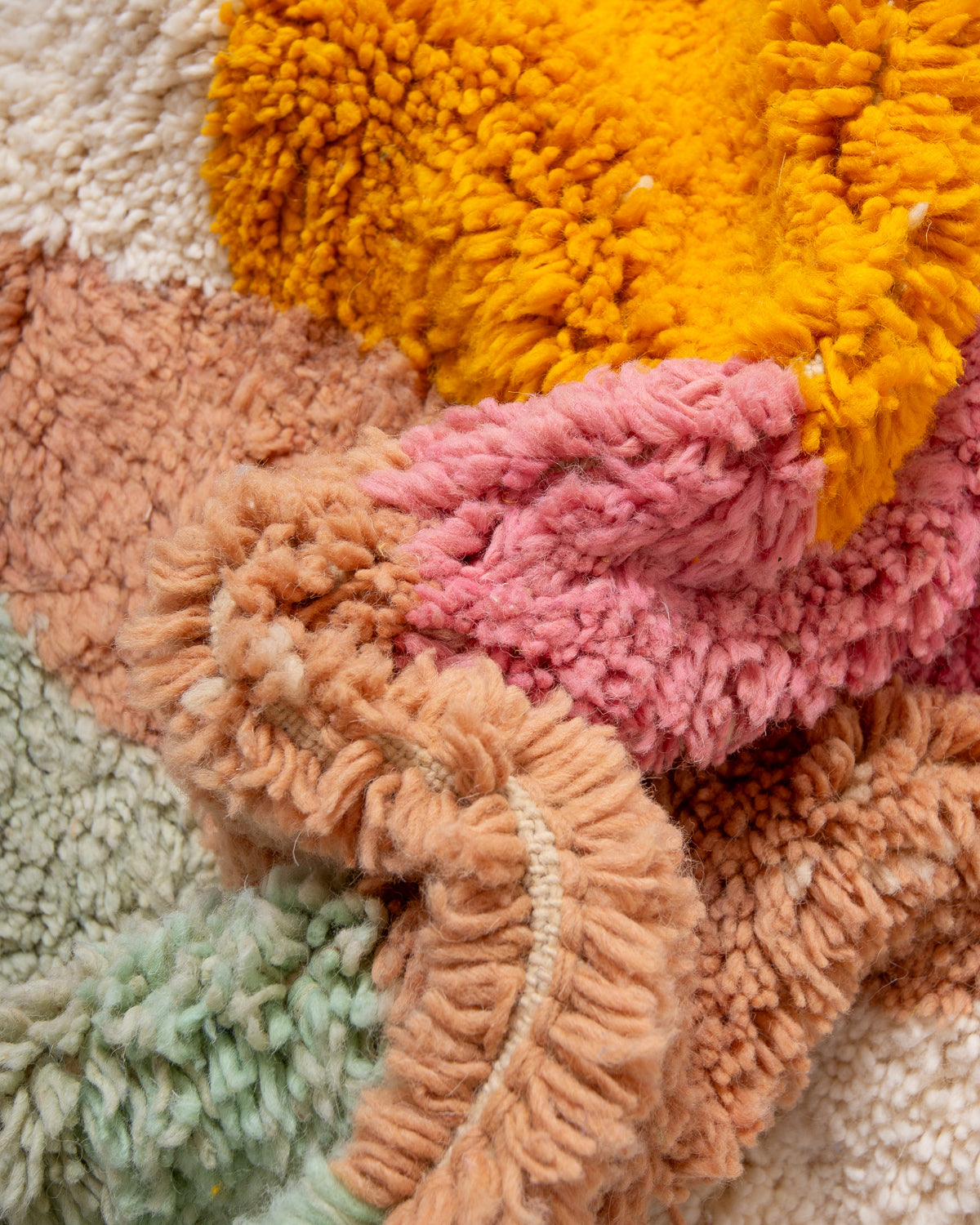 Modern, designer, handcrafted Berber rug from Morocco. Beniourain carpet with beautiful colours and patterns and fluffy wool texture.