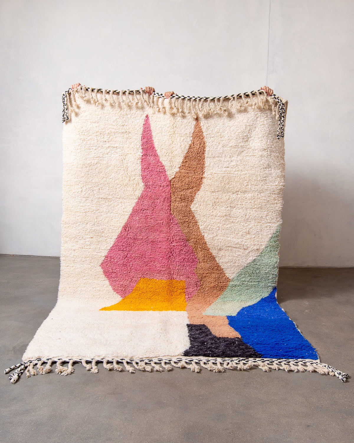 Modern, designer, handcrafted Berber rug from Morocco. Beniourain carpet with beautiful colours and patterns and fluffy wool texture.