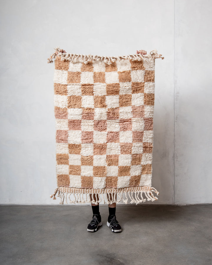 Modern, designer, handcrafted Berber rug from Morocco. Beniourain carpet with beautiful colours and patterns and fluffy wool texture. 