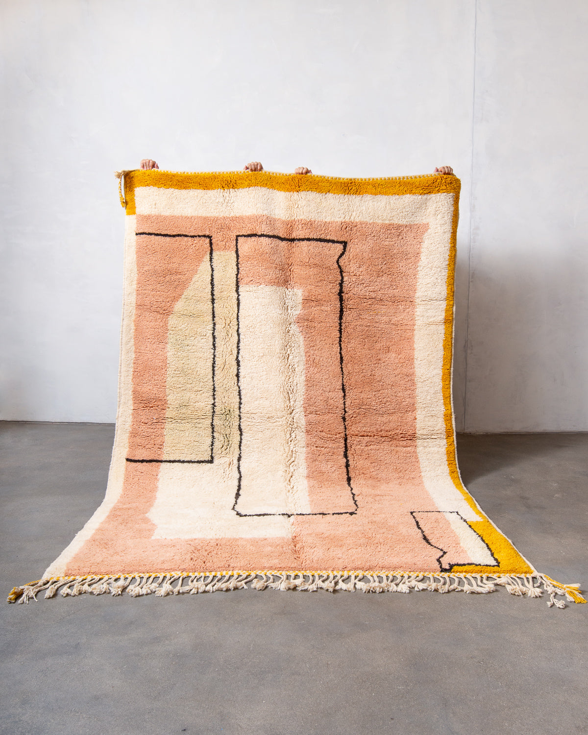 Modern, designer, handcrafted Berber rug from Morocco. Beniourain carpet with beautiful colours and patterns and fluffy wool texture.