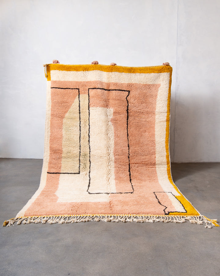 Modern, designer, handcrafted Berber rug from Morocco. Beniourain carpet with beautiful colours and patterns and fluffy wool texture.