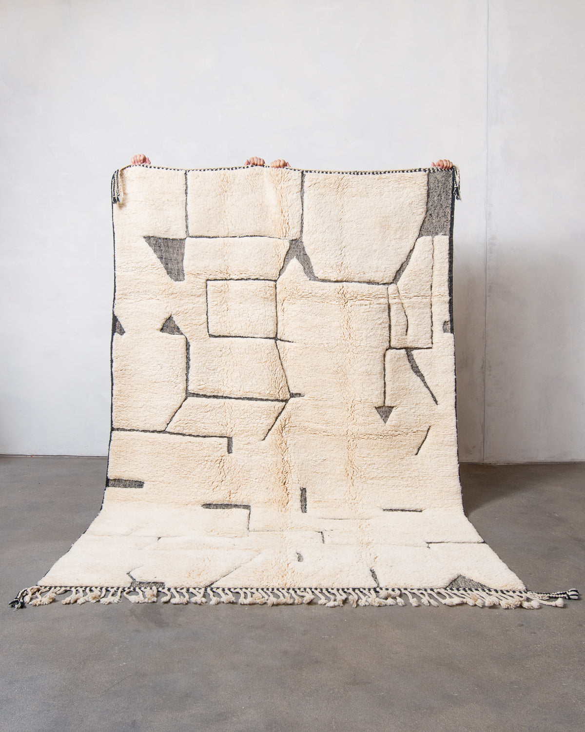 Modern, designer, handcrafted Berber rug from Morocco. Beniourain carpet with beautiful colours and patterns and fluffy wool texture.