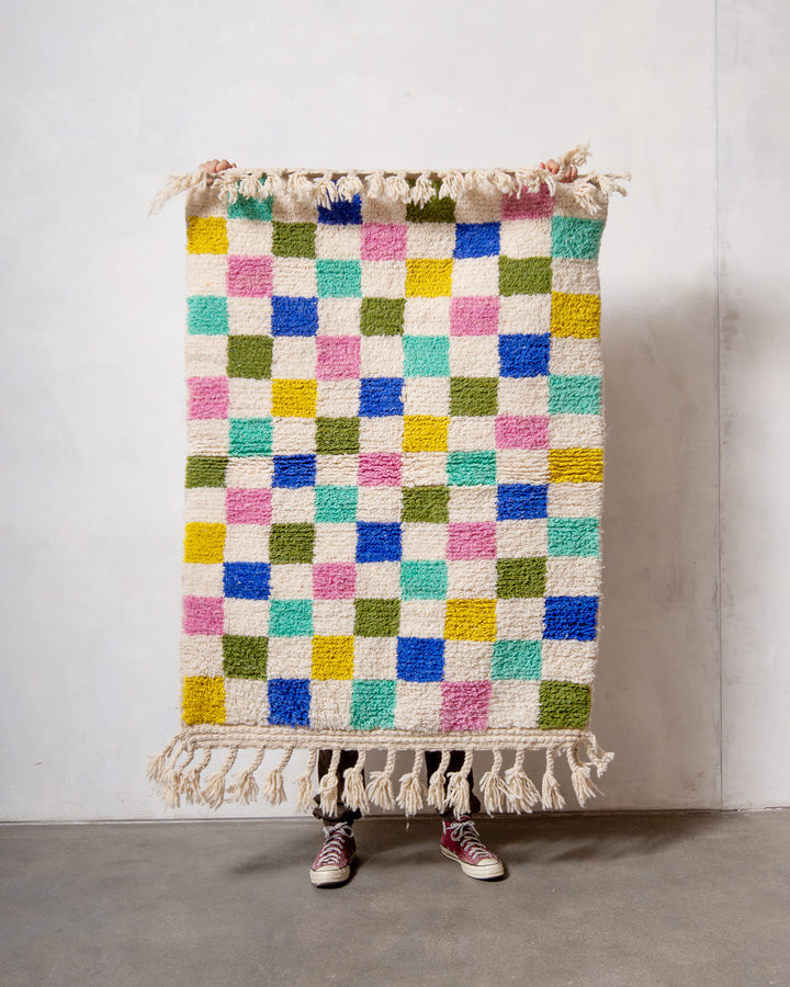 Modern, designer, handcrafted Berber rug from Morocco. Beniourain carpet with beautiful colours and patterns and fluffy wool texture. 