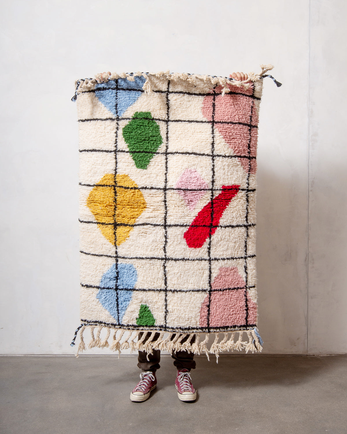 Modern, designer, handcrafted Berber rug from Morocco. Beniourain carpet with beautiful colours and patterns and fluffy wool texture.