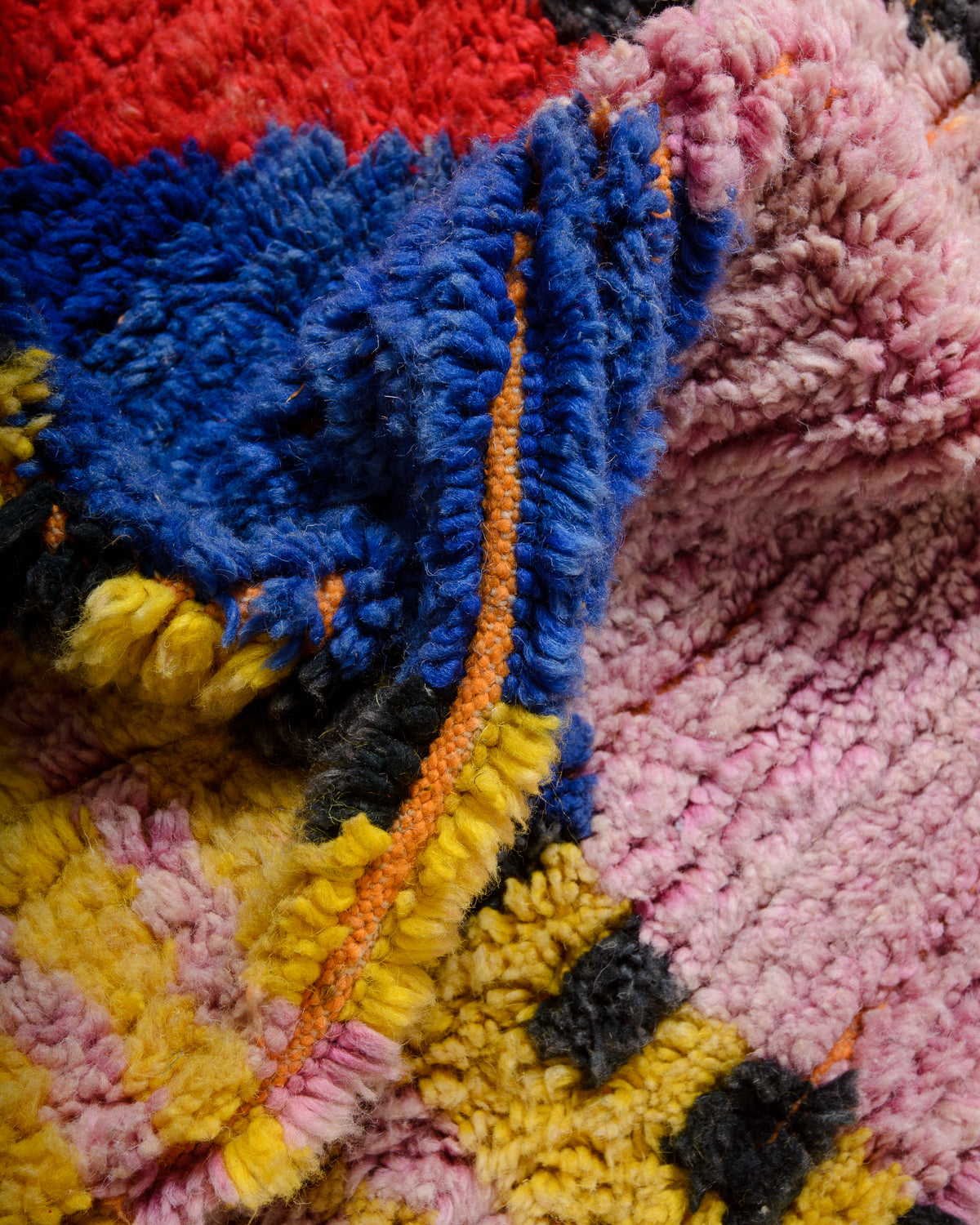 Modern, designer, handcrafted Berber rug from Morocco. Beniourain carpet with beautiful colours and patterns and fluffy wool texture. 