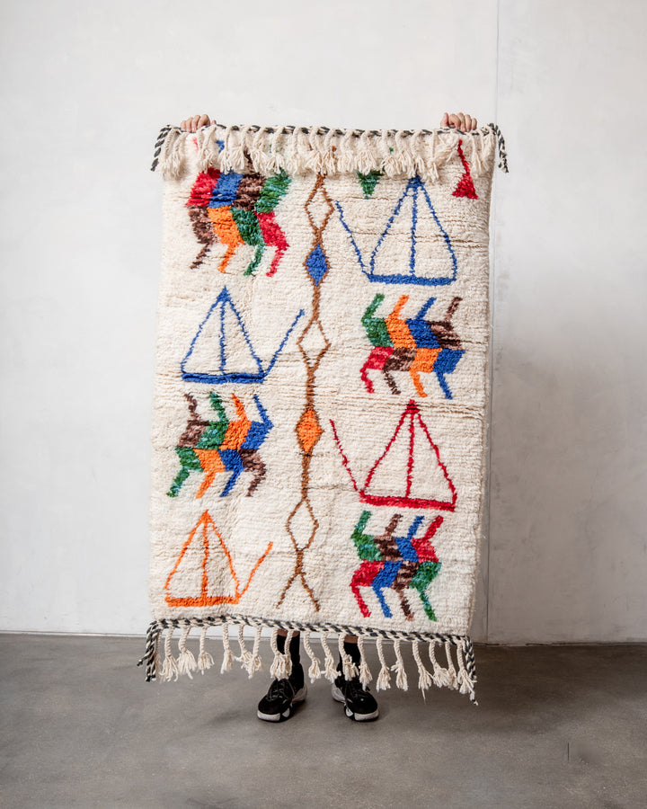 Modern, designer, handcrafted Berber rug from Morocco. Beniourain carpet with beautiful colours and patterns and fluffy wool texture. 