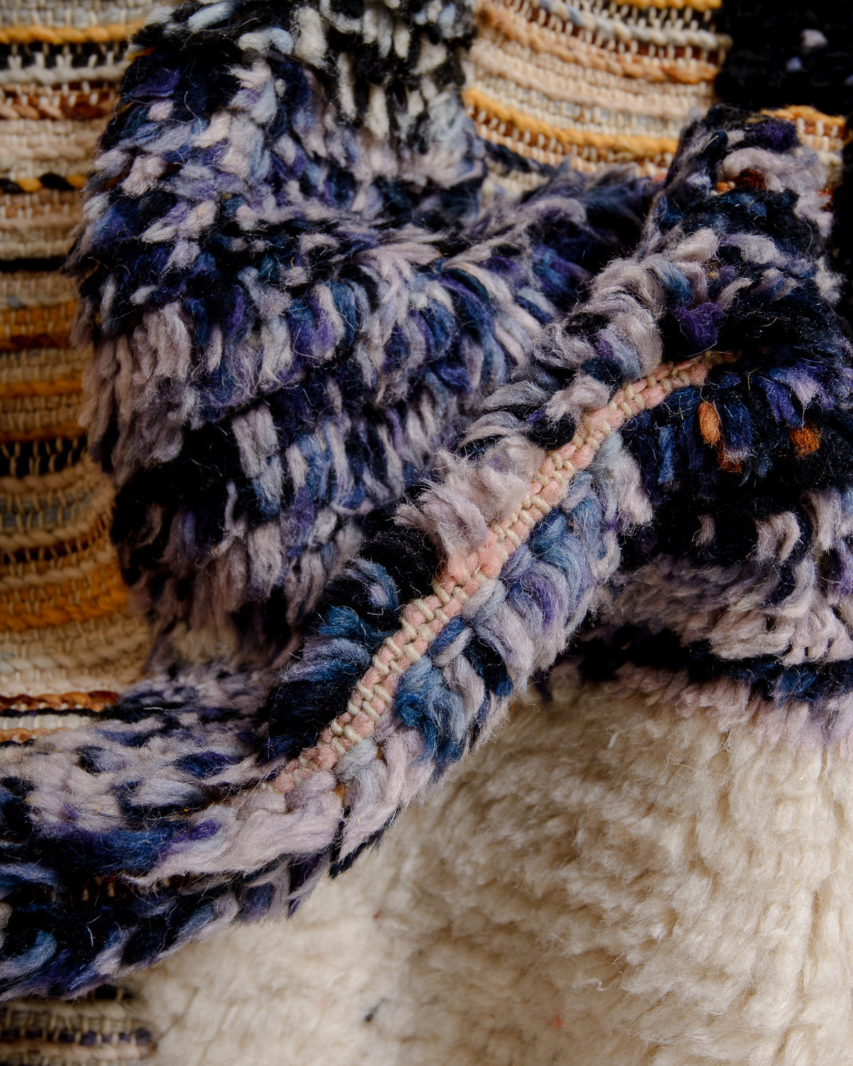 Modern, designer, handcrafted Berber rug from Morocco. Beniourain carpet with beautiful colours and patterns and fluffy wool texture.