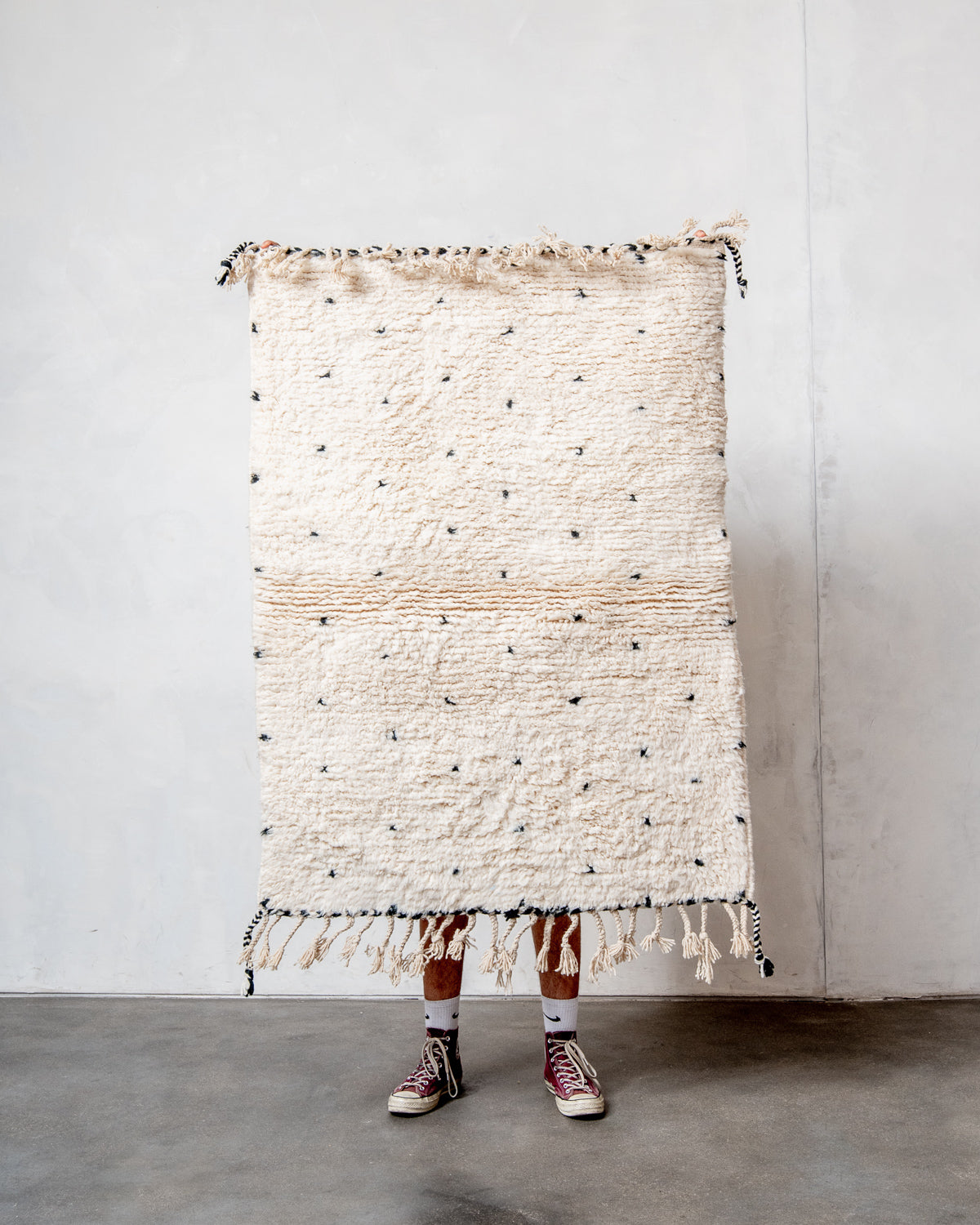 Modern, designer, handcrafted Berber rug from Morocco. Beniourain carpet with minimalist design, natural wool pile and a fluffy texture.