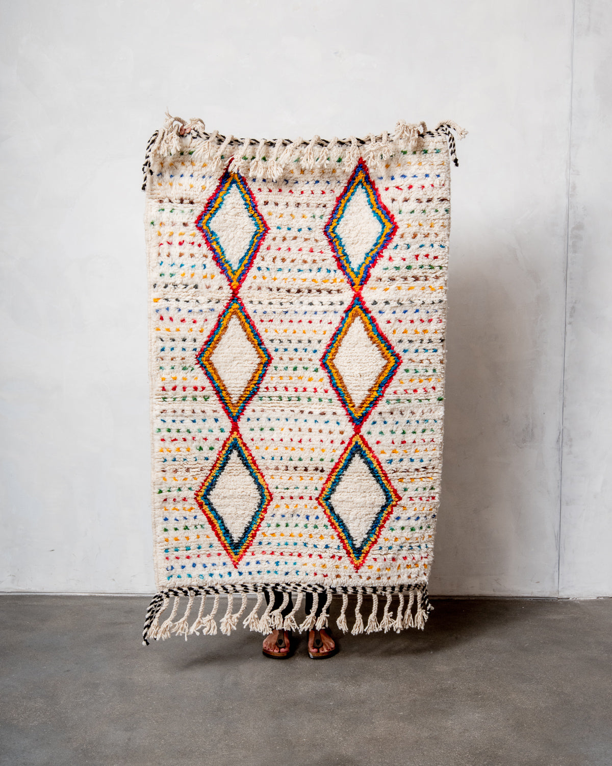 Modern, designer, handcrafted Berber rug from Morocco. Beniourain carpet with beautiful colours and patterns and fluffy wool texture.