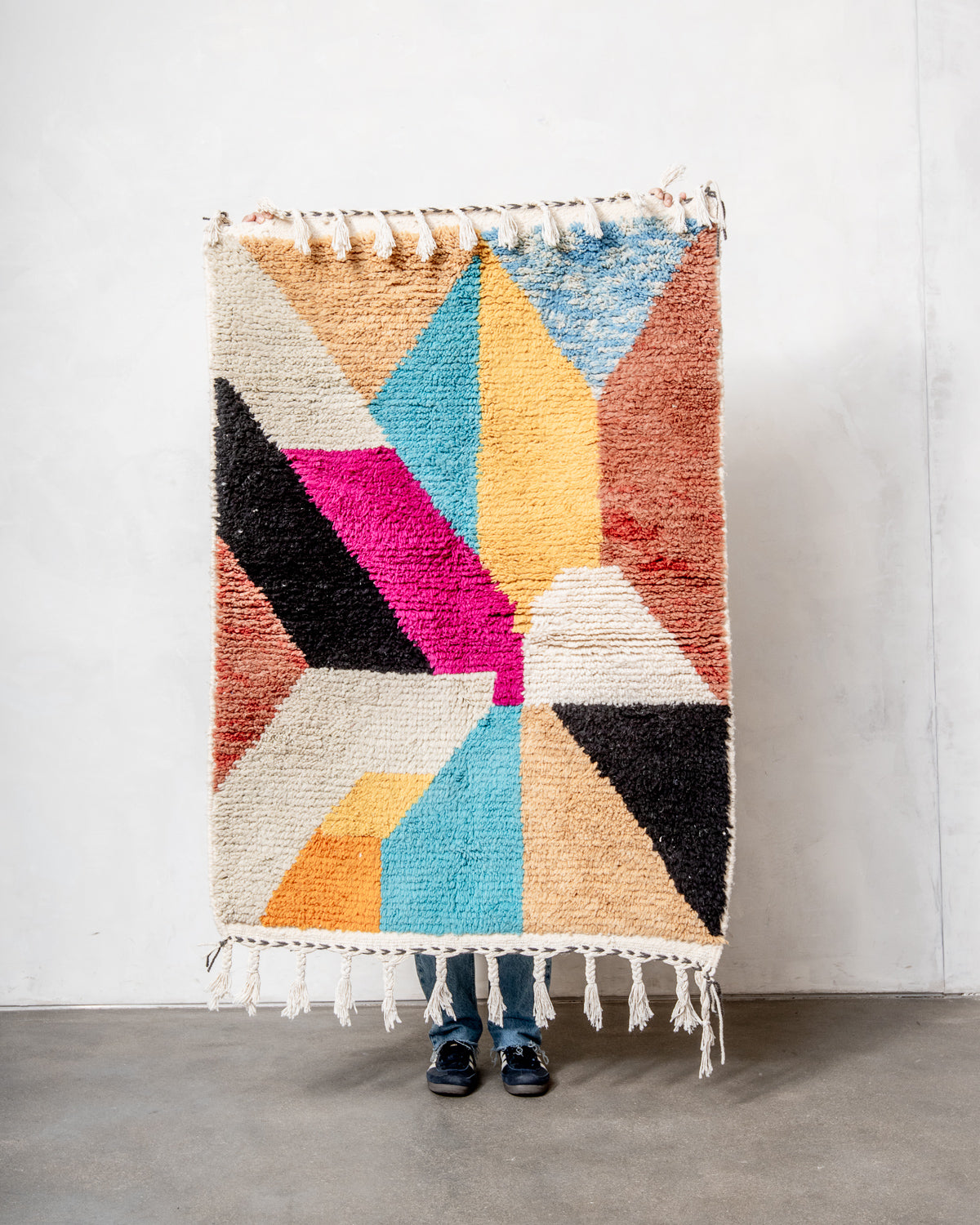 Modern, designer, handcrafted Berber rug from Morocco. Beniourain carpet with beautiful colours and patterns and fluffy wool texture. 