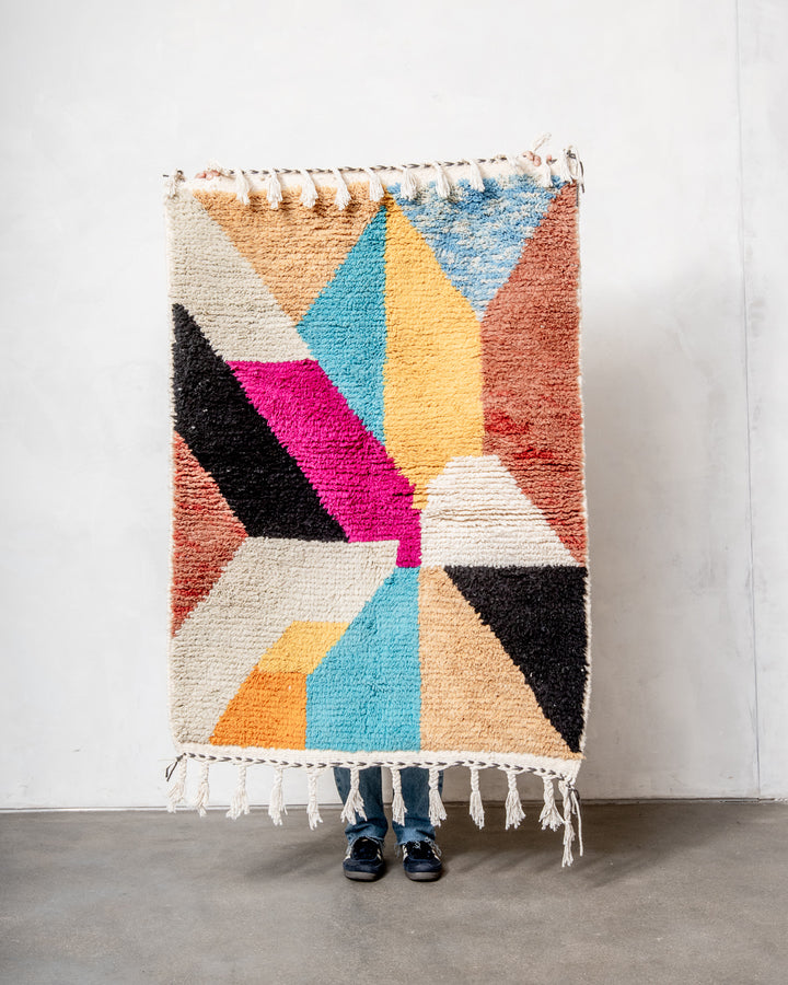 Modern, designer, handcrafted Berber rug from Morocco. Beniourain carpet with beautiful colours and patterns and fluffy wool texture. 