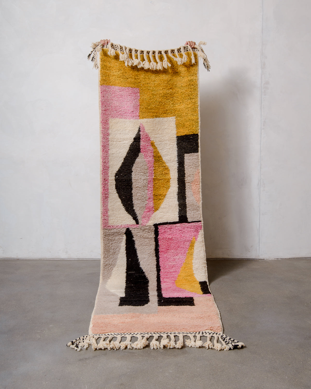 Modern, designer, handcrafted Berber runner rug from Morocco. Beniourain carpet with beautiful colours and patterns and fluffy wool texture.