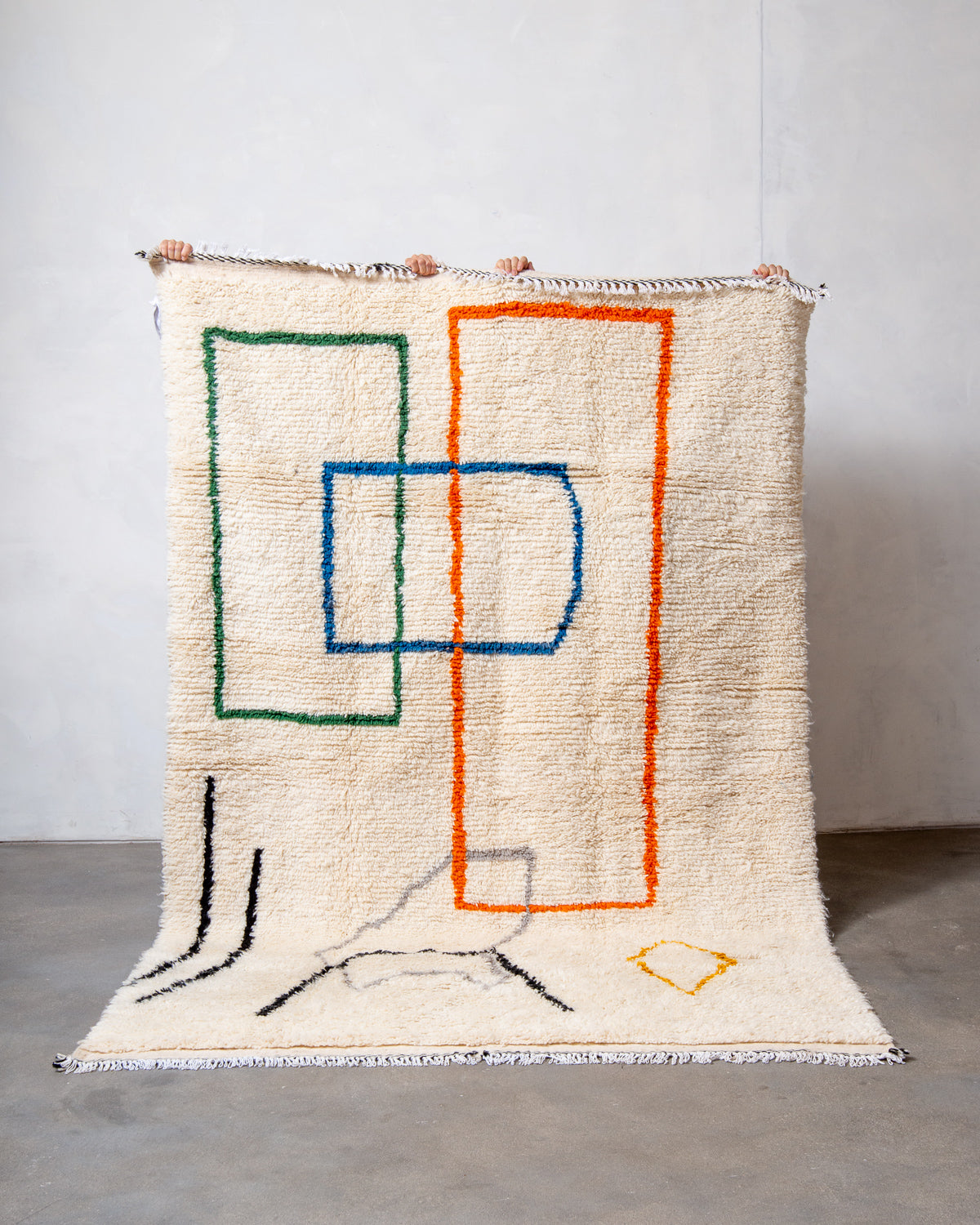 Modern, designer, handcrafted Berber rug from Morocco. Beniourain carpet with beautiful colours and patterns and fluffy wool texture.