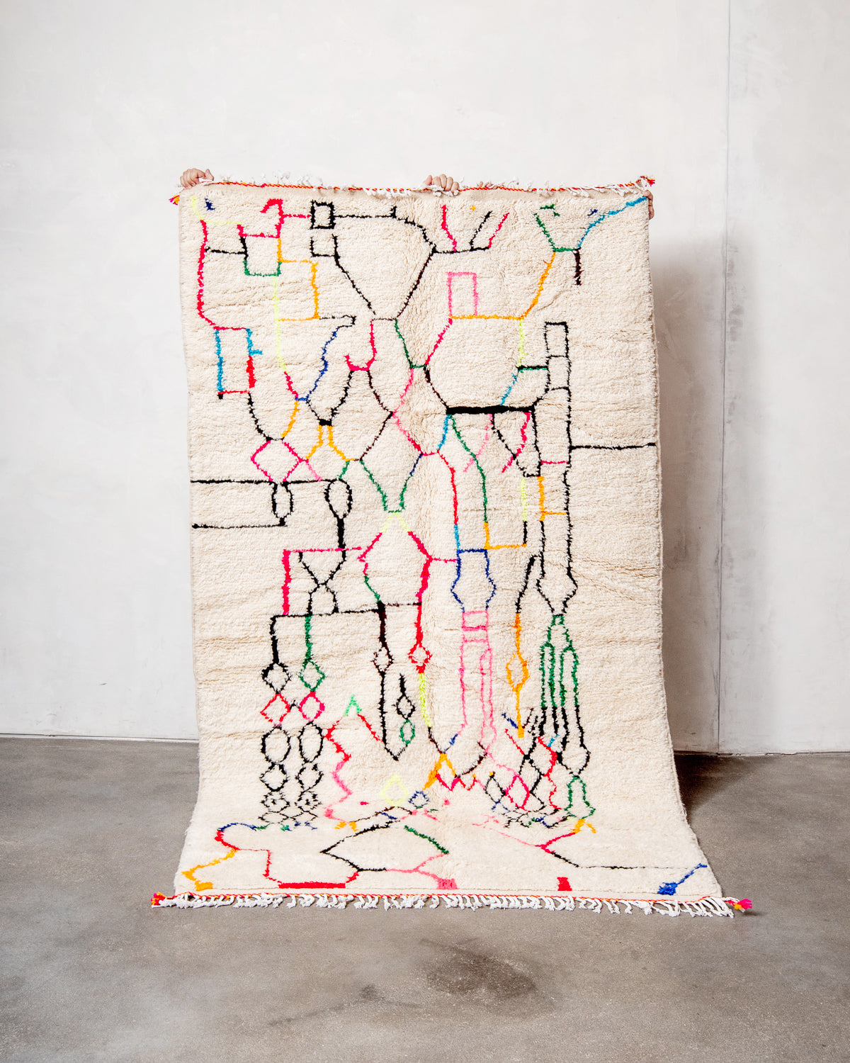 Modern designer handcrafted Berber rug from Morocco. Azilal rug with beautiful colors and patterns. Made of sheep’s wool and colourful cotton.