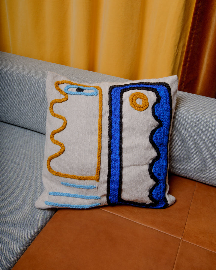 Handcrafted cushion cover from Morocco. Soft Wool cushion with modern, embroidered design.