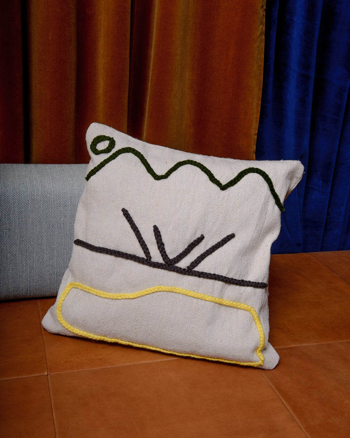 Handcrafted cushion cover from Morocco. Soft Wool cushion with modern, embroidered design.